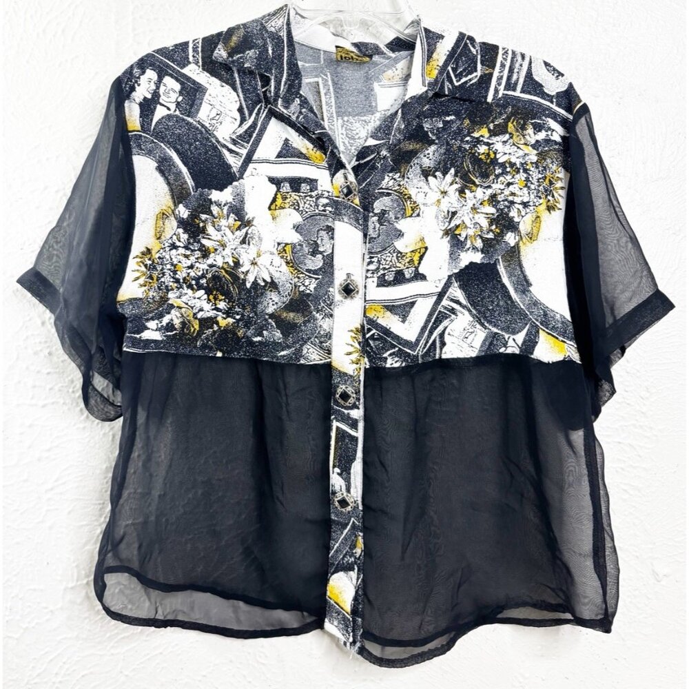 VTG Judy Tops Medium Crop Button Up Sheer Top Blk/white/Gold GUC
